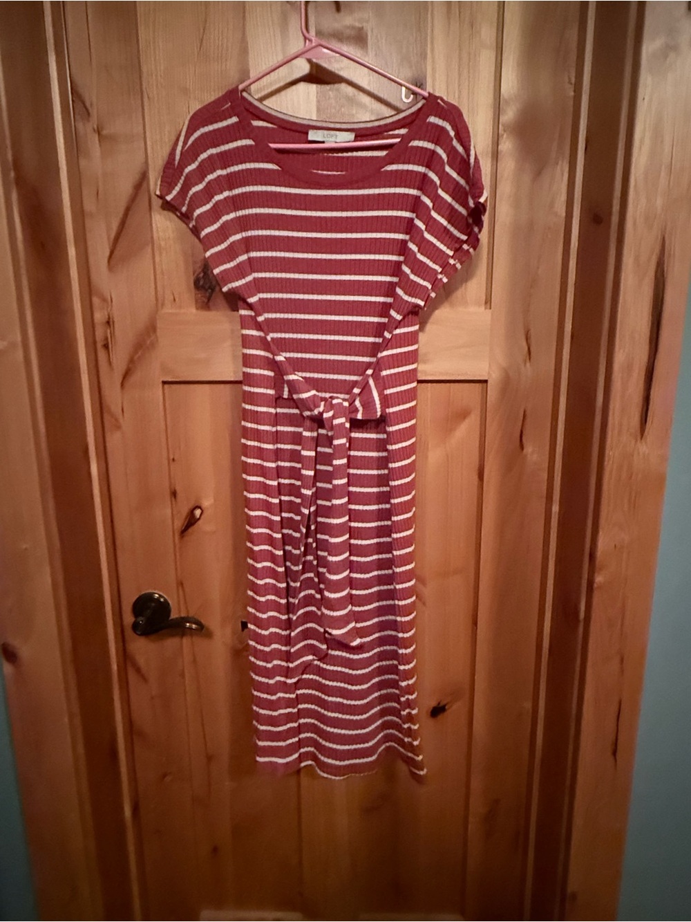 LOFT Rust and White Striped Tie-Waist Midi Dress